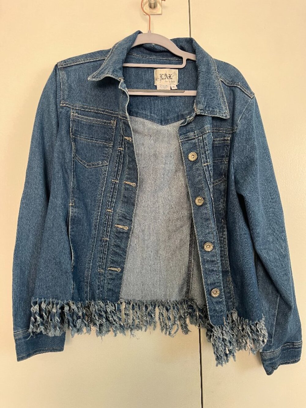 Vintage Live a Little denim jacket with frayed fringe -- size M